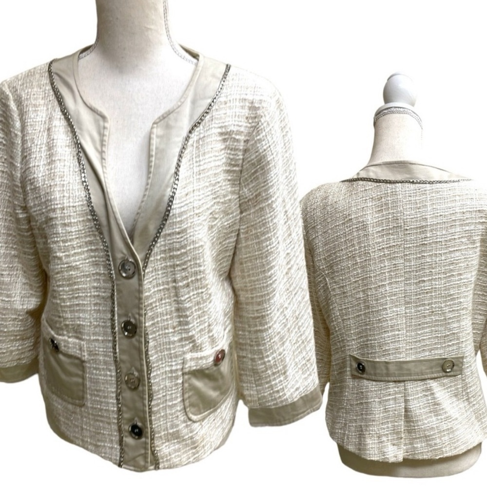 Katherine New York Cream Bouclé Blazer Jacket 3/4 Sleeve Contrast Trim - Picture 6 of 6
